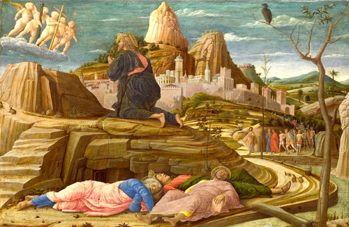 Jesus praying in the Garden of Gethsemane as his disciples sleep. By Andrea Mantegna (1431-1506) Photo: Wikipedia