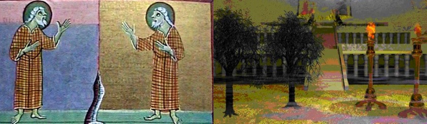 Left: a drawing of the two witnesses from the Bamberg Apocalypse (11th century). Right: picture of the two olive trees and lamp stands www.the-tribulation-network.com/Wikipedia
