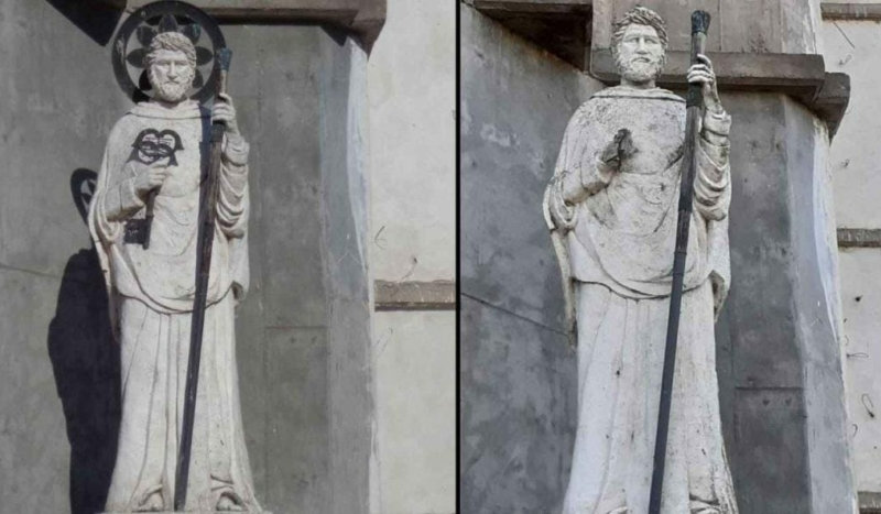 Statue of Saint Peter in Argentina before and after the lightning strike on Dec. 17, 2023