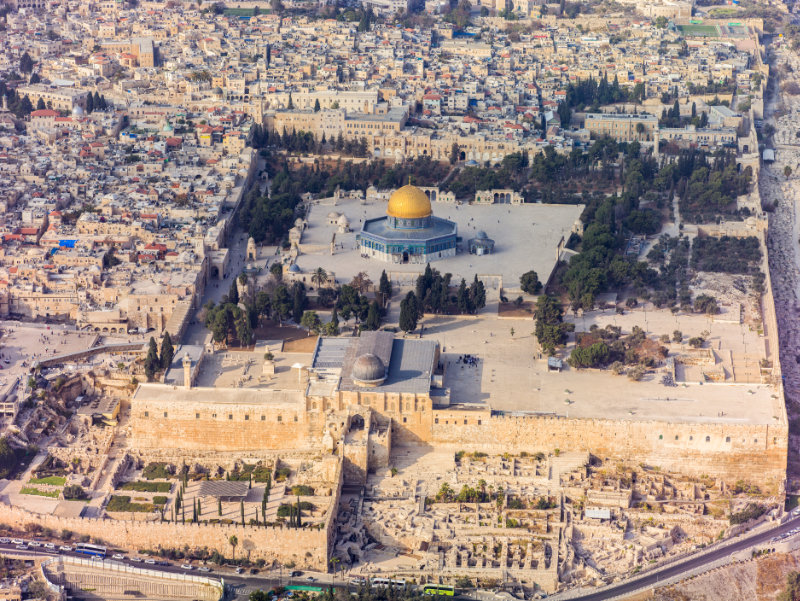 Temple Mount with the Dome of the Rock (Golden Dome) and Al-Aqsa Mosque with the Blue Dome located just below the Dome of the Rock.