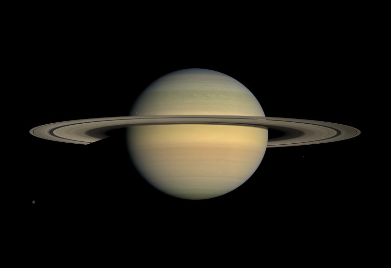 An image of the planet Saturn derived from a series of photos taken by the Cassini space probe.