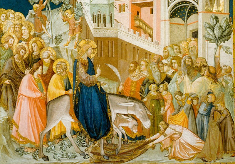 Painting of Jesus entering Jerusalem riding a donkey