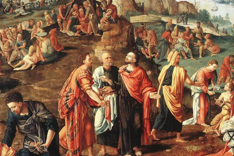 Painting of Jesus feeding the multitude by Lambert Lombard