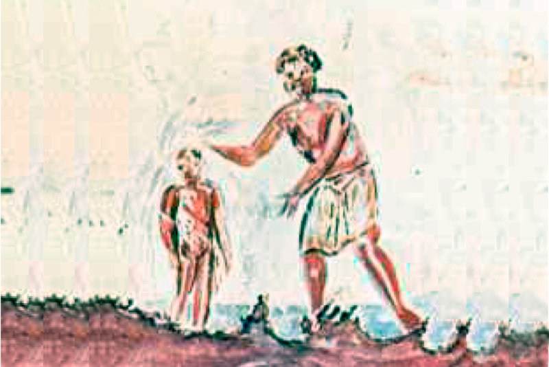 Painting of 3rd century water baptism from the Catacombs of San Callisto, Italy