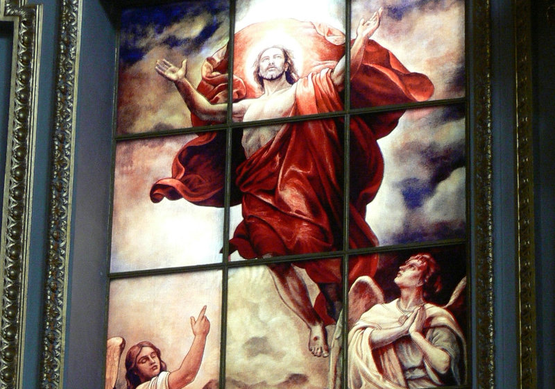 Stained-glass window portraying the resurrection of Jesus in the Berlin Cathedral, Germany