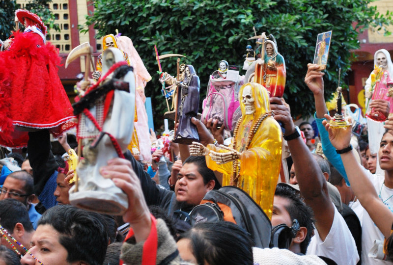 Public worship of Santa Muerte cult in Tepito, Mexico in 2009