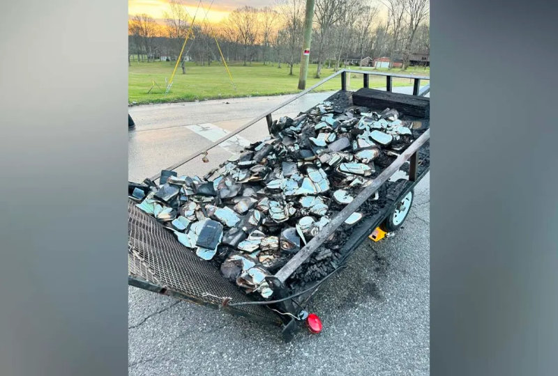 Trailer of burnt Bibles in front of Global Vision Church in Mount Juliet, Tennessee